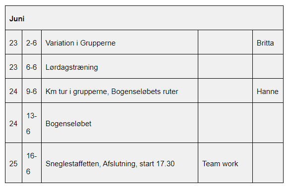 træningsplan juni 2020